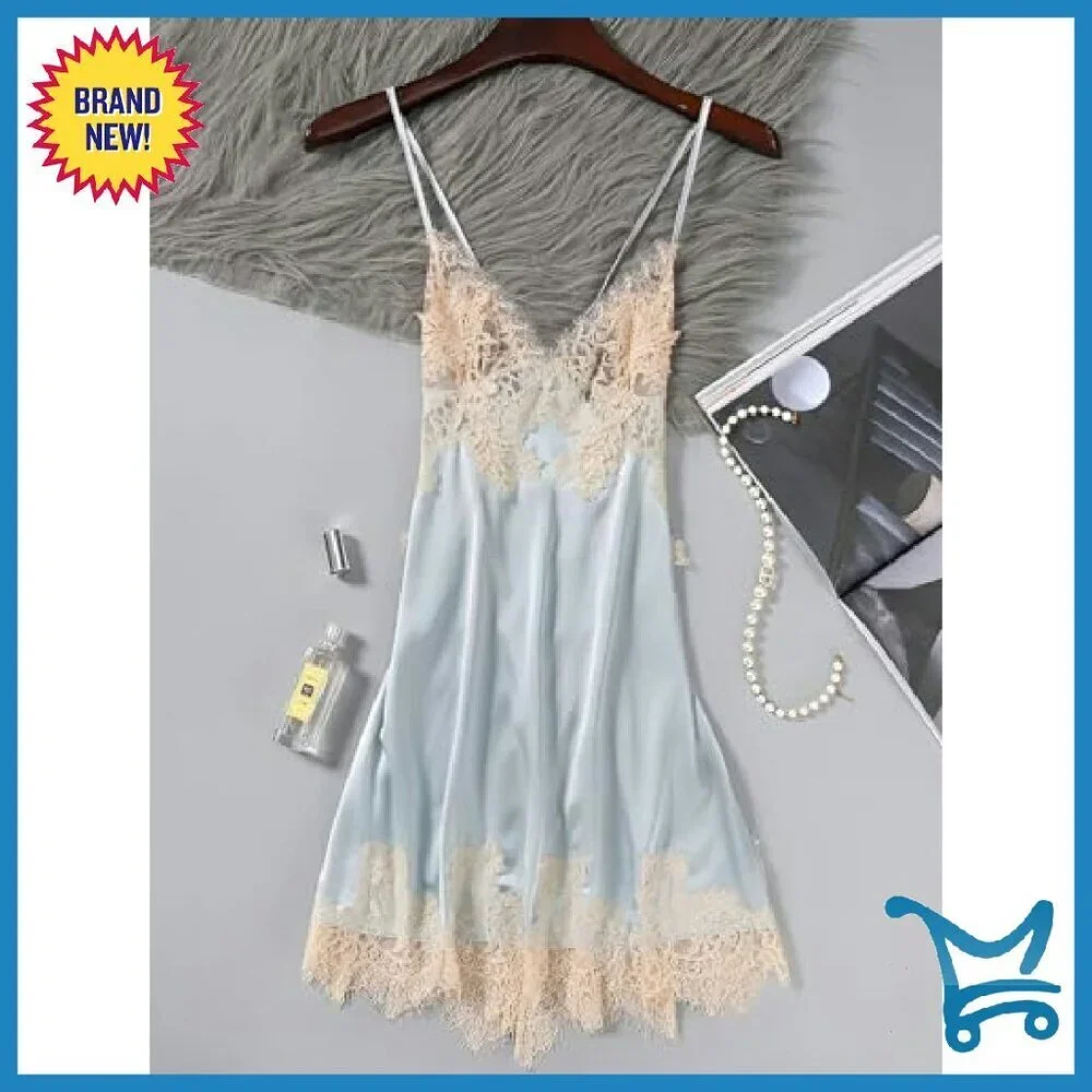 Sexy Silk Lace Up Backless Satin Floral Babydoll Lingerie Dress